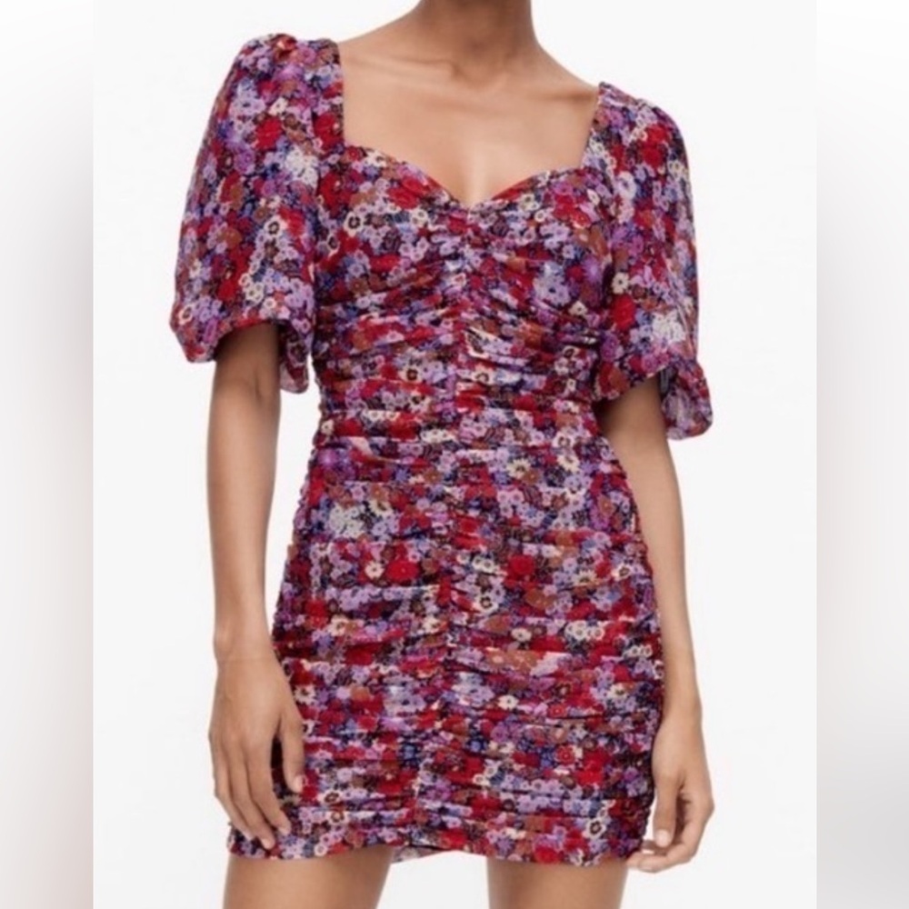 Zara Red and Purple Ruched Mini Dress